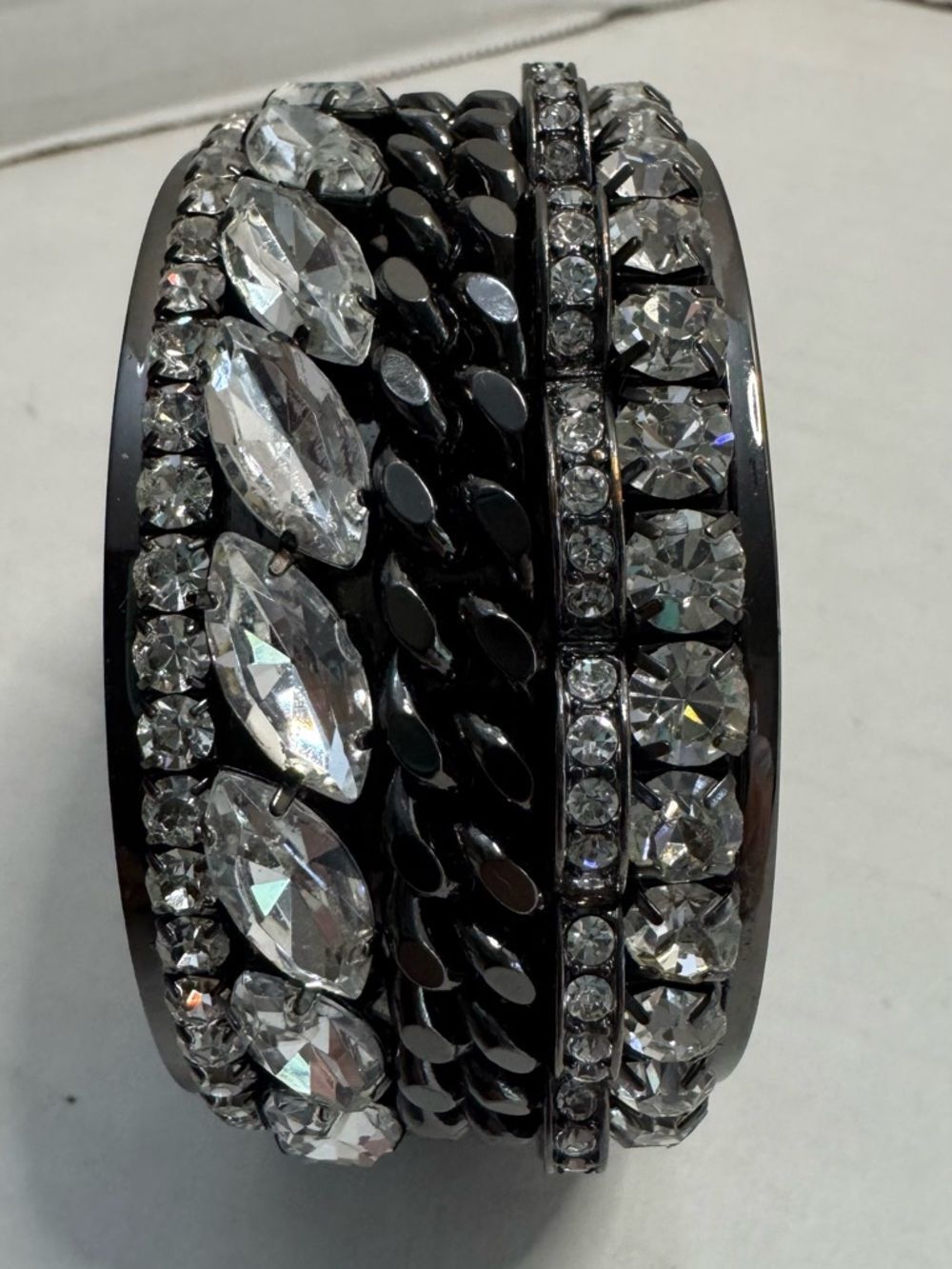 J Crew Chunky Rhinestone Chain Bracelet Black Silver Statement Glam Bling Bangle
